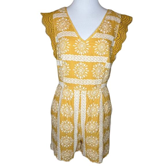 Skies Areโ Blue Mustard Yellow Eyelet Romper M Boho Flutter Sleeve Summer Cute - Picture 1 of 15